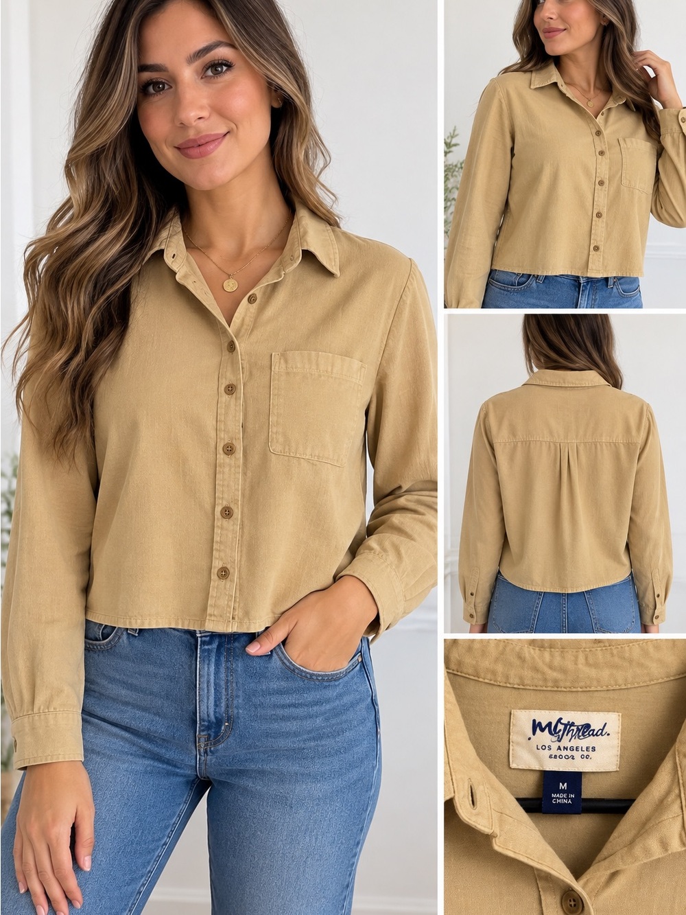 Universal Thread Light Tan Cropped Button-Down Shirt